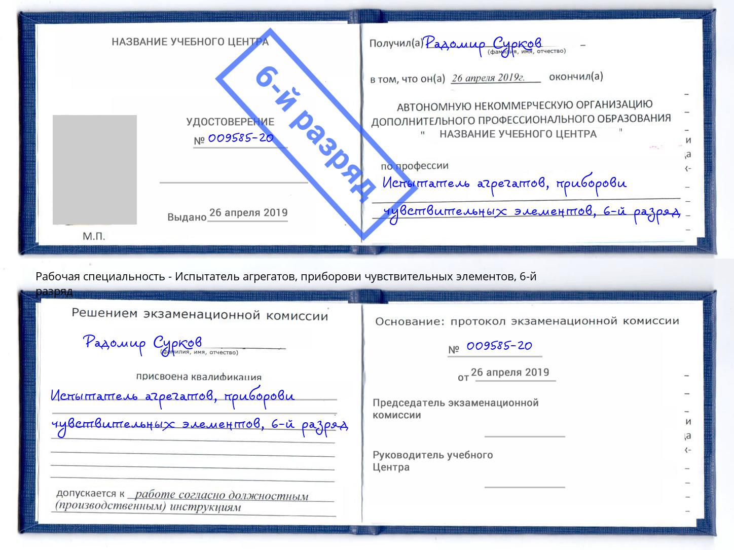 корочка 6-й разряд Испытатель агрегатов, приборови чувствительных элементов Березники
