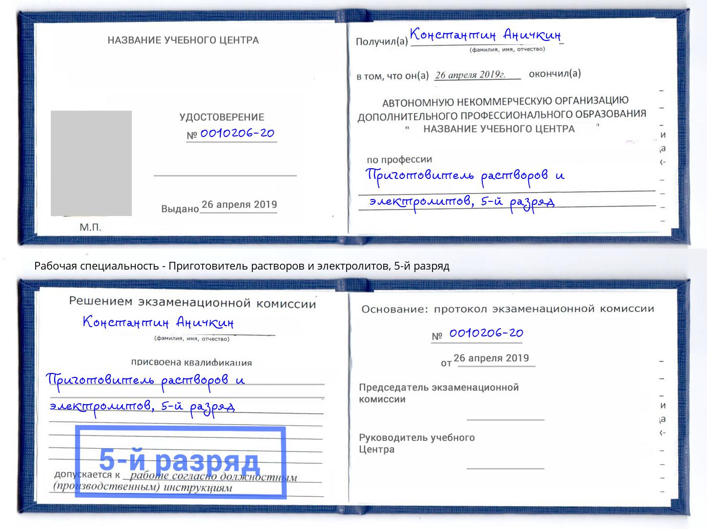 корочка 5-й разряд Приготовитель растворов и электролитов Березники