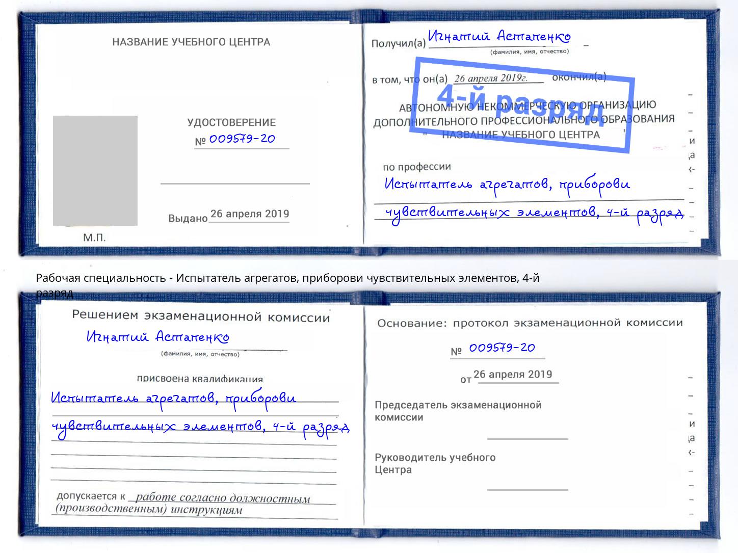 корочка 4-й разряд Испытатель агрегатов, приборови чувствительных элементов Березники