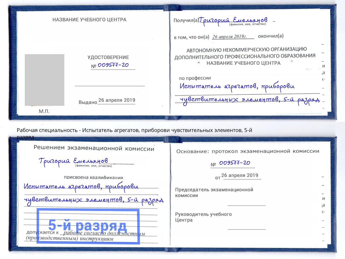корочка 5-й разряд Испытатель агрегатов, приборови чувствительных элементов Березники