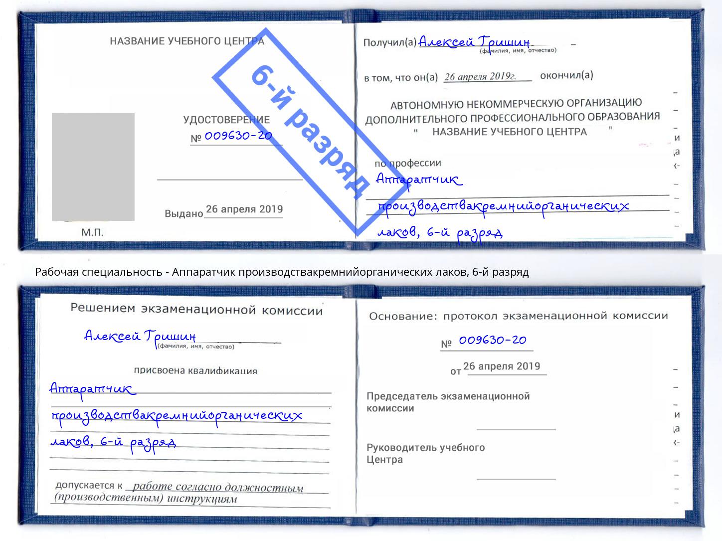 корочка 6-й разряд Аппаратчик производствакремнийорганических лаков Березники