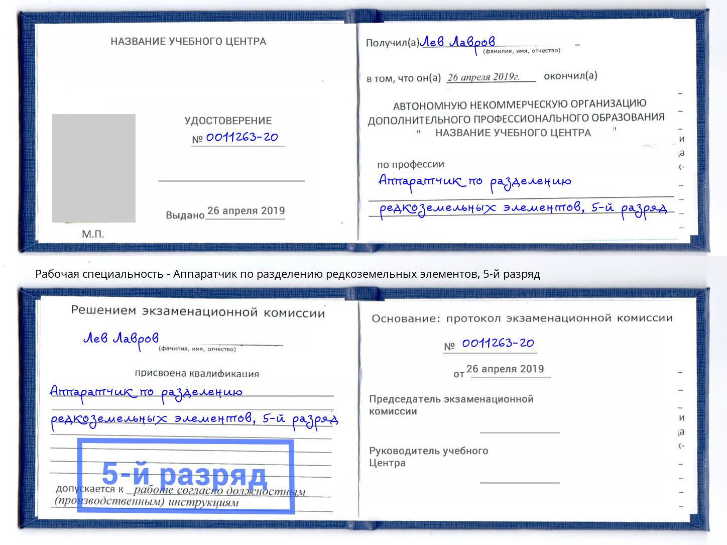 корочка 5-й разряд Аппаратчик по разделению редкоземельных элементов Березники