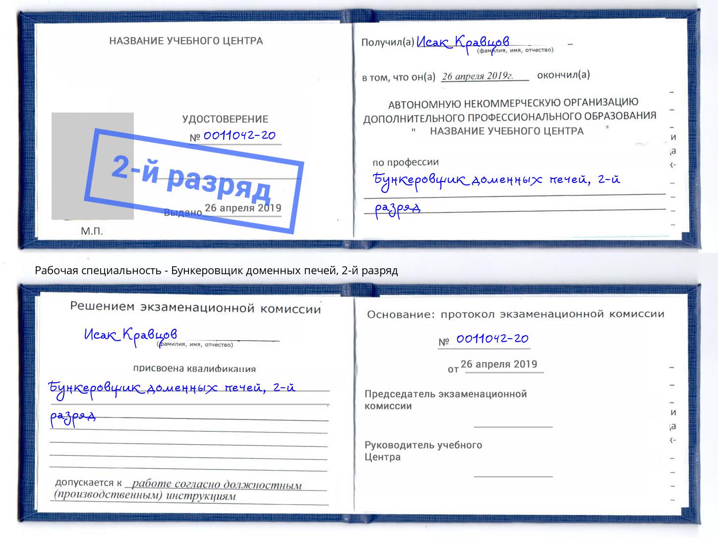корочка 2-й разряд Бункеровщик доменных печей Березники